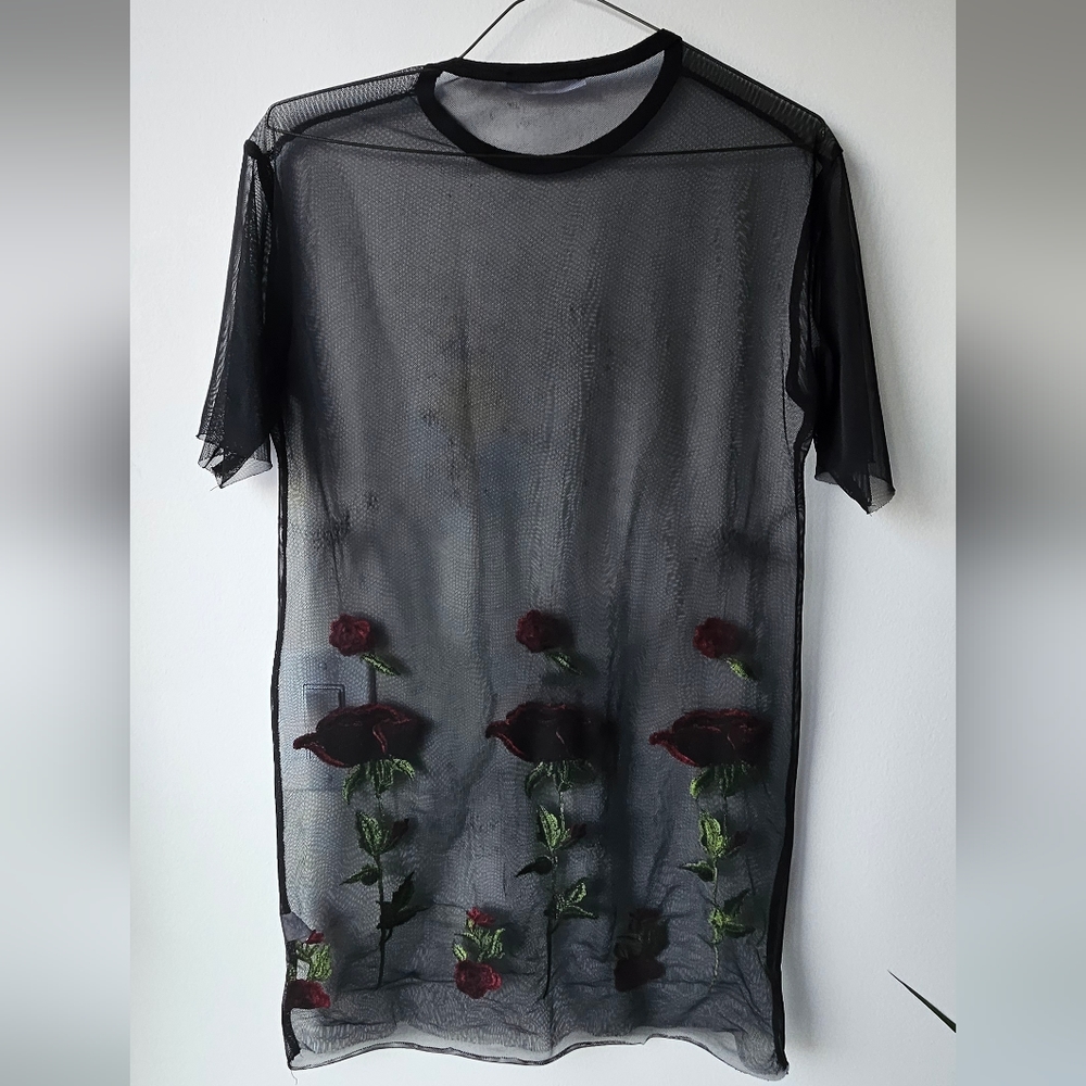 Black Mesh Dress With Embroidered Roses Size S - Picture 4 of 4